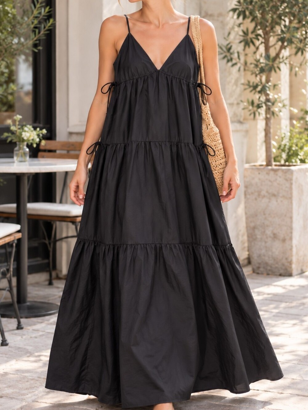 NWT Black Maxi Dress XS V-neck Adjustable Ruched Drawstring Tiered Goth Festival